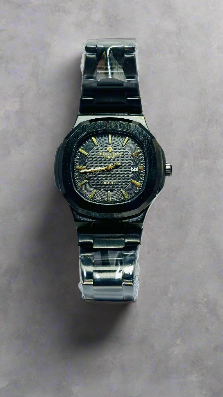 Patek Philippe Nautilus Black Dial Watch - Black Strap
