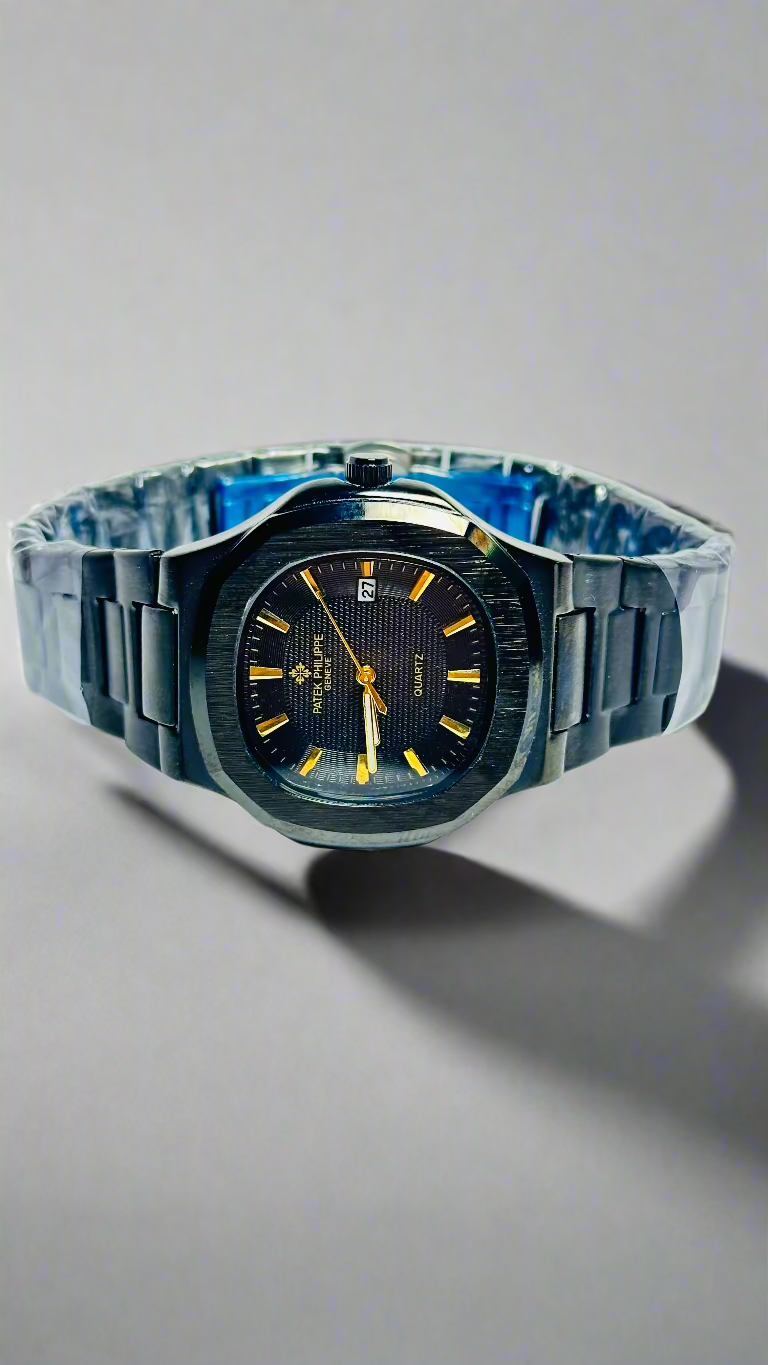 Patek Philippe Nautilus Black Dial Watch - Black Strap