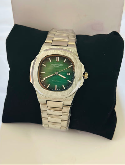Patek Philippe Nautilus Green Dial Watch - Silver Strap