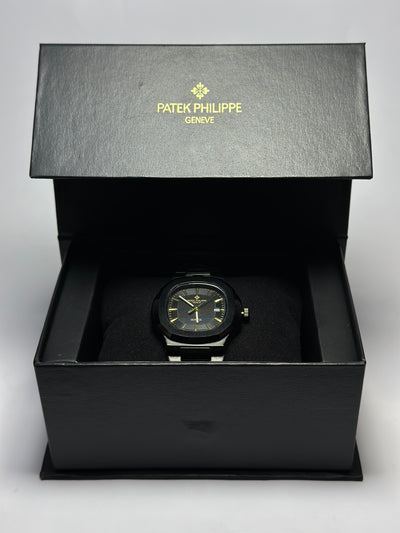 Patek Philippe Nautilus Black Dial Watch - Black Strap