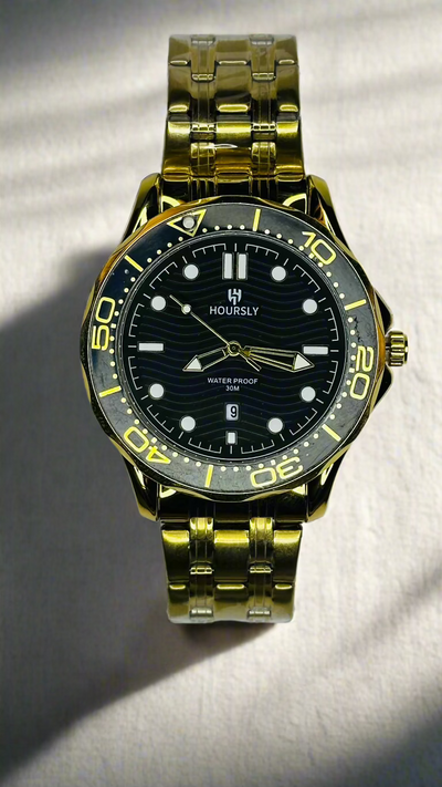 Hoursly Prestige Men’s Chronograph Watch – Black Dial - Gold Strap - Rotating Seconds Dial