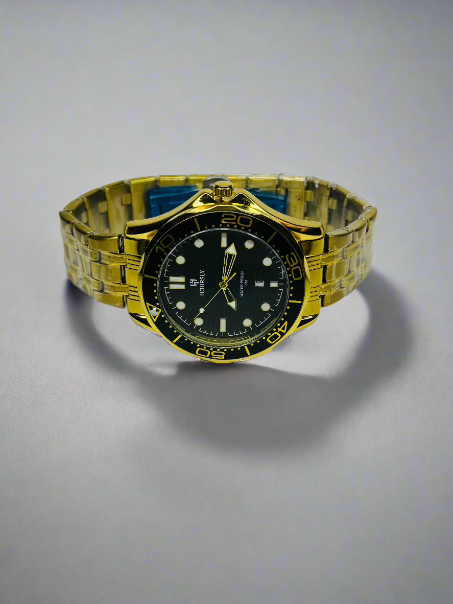 Hoursly Prestige Men’s Chronograph Watch – Black Dial - Gold Strap - Rotating Seconds Dial