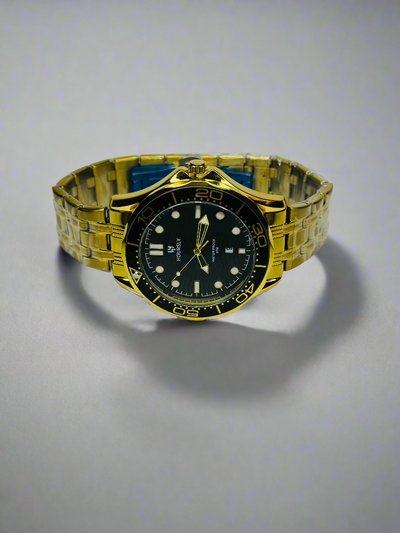 Hoursly Prestige Men’s Chronograph Watch – Black Dial - Gold Strap - Rotating Seconds Dial