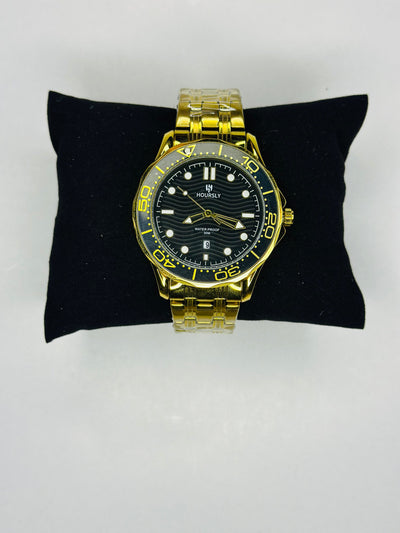 Hoursly Prestige Men’s Chronograph Watch – Black Dial - Gold Strap - Rotating Seconds Dial