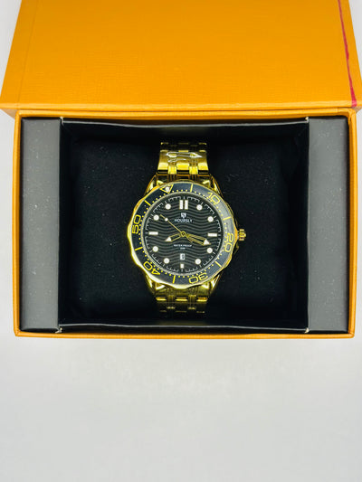 Hoursly Prestige Men’s Chronograph Watch – Black Dial - Gold Strap - Rotating Seconds Dial
