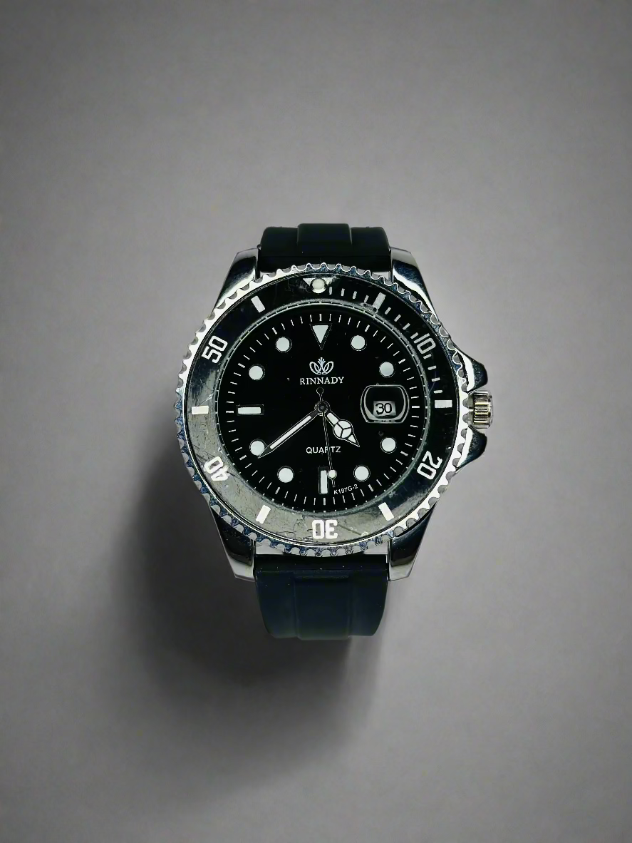 Reginald Men's Luminous Quartz Watch – Black Dial -Black Rubber Band