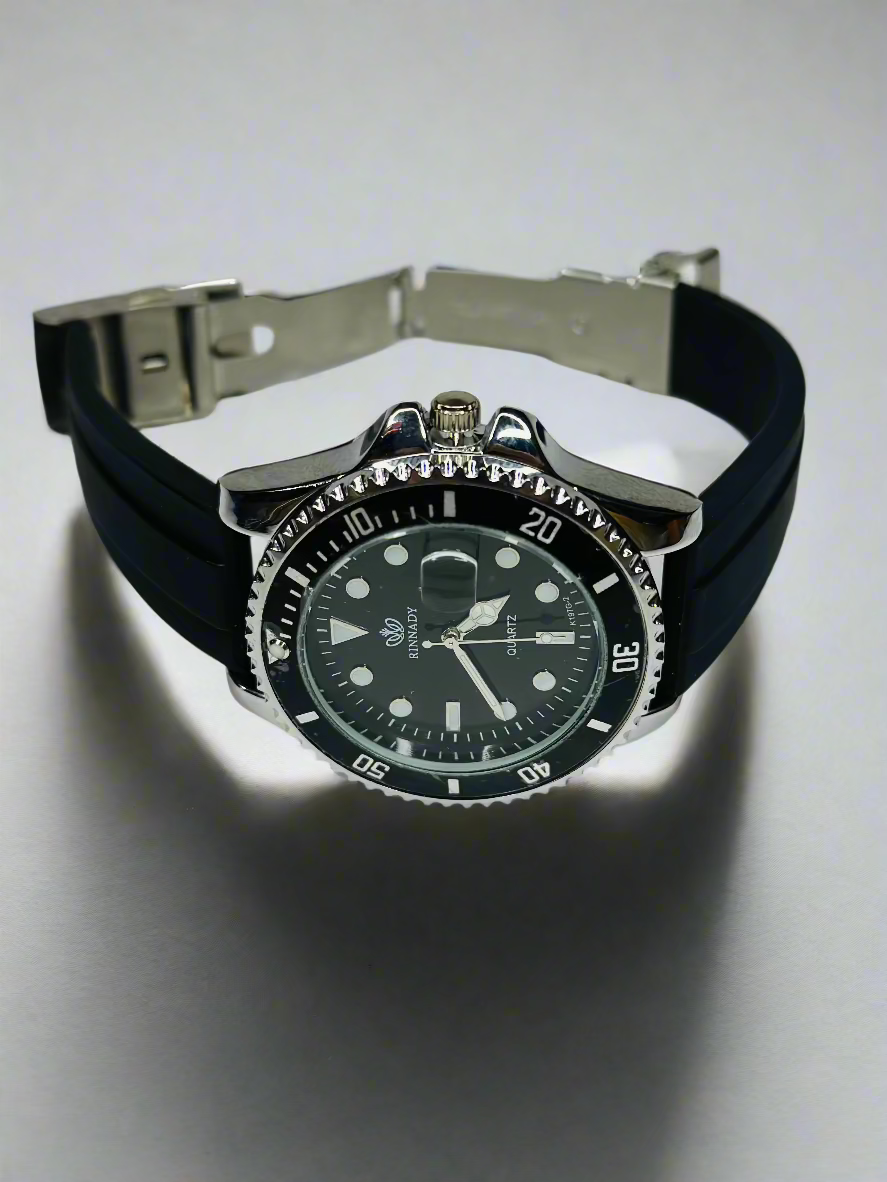 Reginald Men's Luminous Quartz Watch – Black Dial -Black Rubber Band